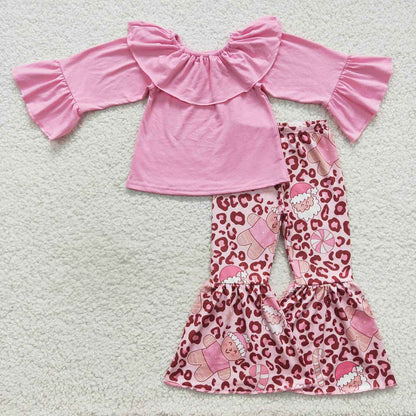 Sibling Baby Girls Leopard Santa Shirts Bell Bottom Pants Christmas Clothes Sets Knee Length Dresses
