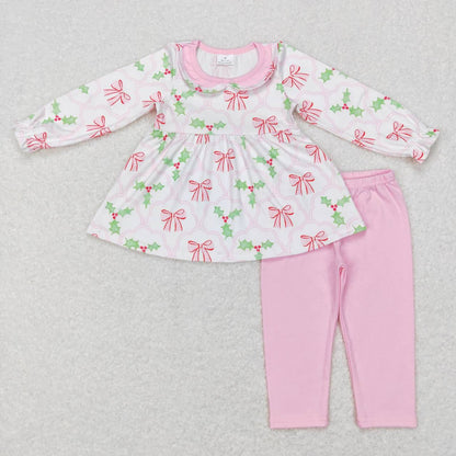 Sibling Baby Girls Long Ruffle Sleeves Santa Trees Lights Tunic Pants Christmas Clothes Sets