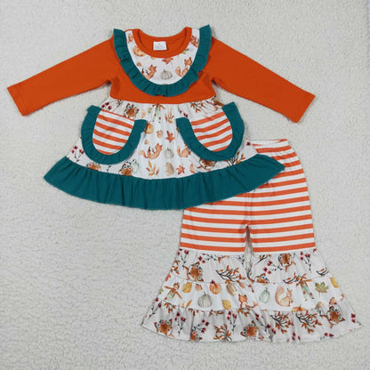 Sibling Baby Girls Flowers Pumpkins Button Pockets Tunic Ruffle Pants Fall Clothes Sets