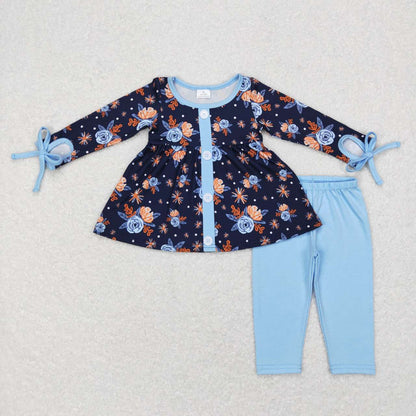 Sibling Baby Girls Bows Flowers Tunic Leggings Pant Long Ruffle Sleeves Clothes Sets
