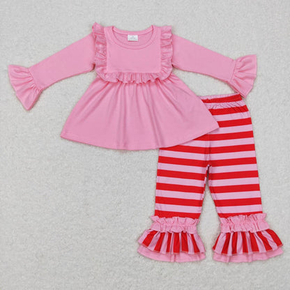 Sibling Baby Girls Long Ruffle Sleeves Santa Trees Lights Tunic Pants Christmas Clothes Sets