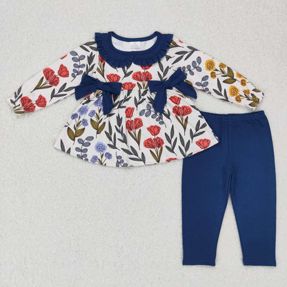 Sibling Baby Girls Bows Flowers Tunic Leggings Pant Long Ruffle Sleeves Clothes Sets