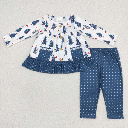 Sibling Baby Girls Long Ruffle Sleeves Santa Trees Lights Tunic Pants Christmas Clothes Sets