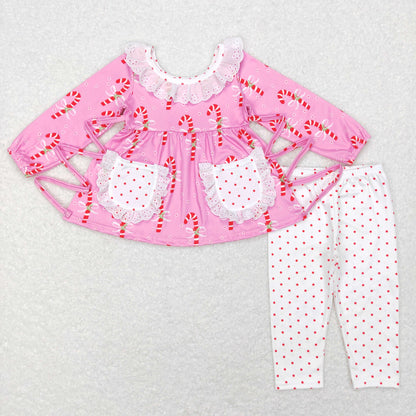 Sibling Baby Girls Santa Candy Cane Trees Pockets Button Tunic Pants Christmas Clothes Sets