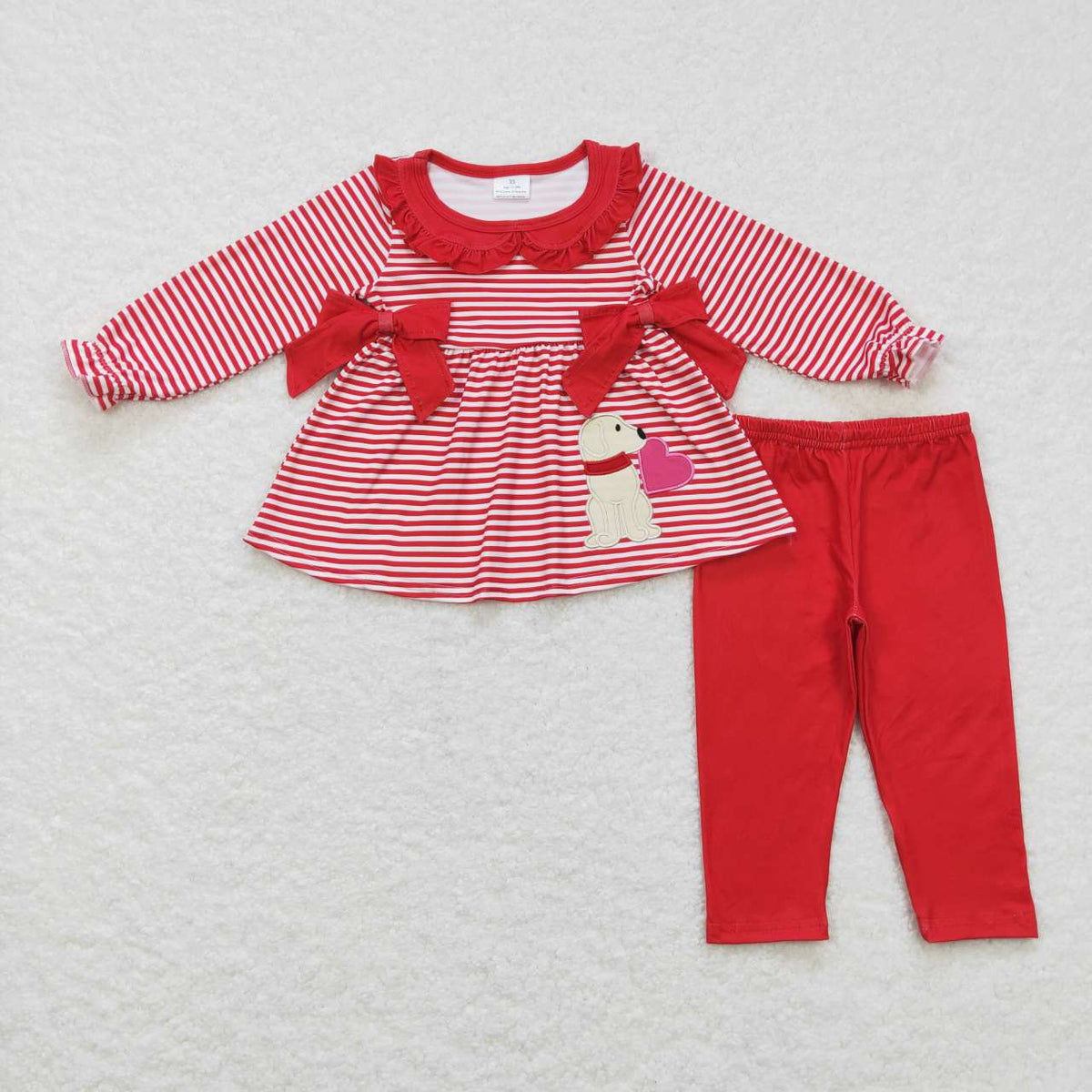 Sibling Baby Girls Red Stripes Bows Embroidery Dog Hearts Valentine Clothes Sets Dress Romper