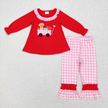 Sibling Baby Boys Girls Embroidery Dogs Trucks Hearts Pants Bummies Valentine Clothes Sets