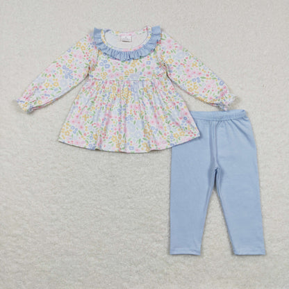 Sibling Baby Girls Bows Flowers Tunic Leggings Pant Long Ruffle Sleeves Clothes Sets