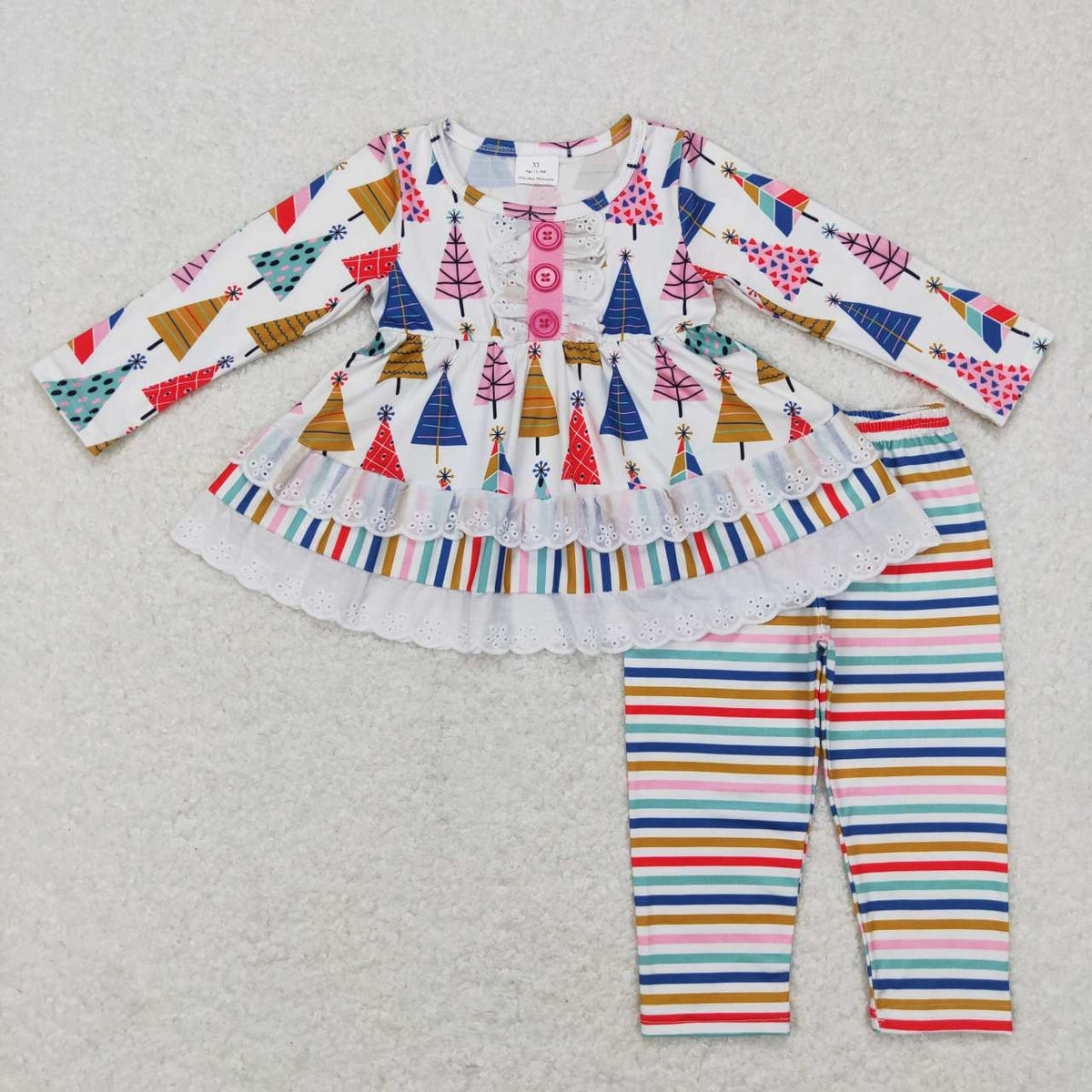 Sibling Baby Girls Santa Candy Cane Trees Pockets Button Tunic Pants Christmas Clothes Sets