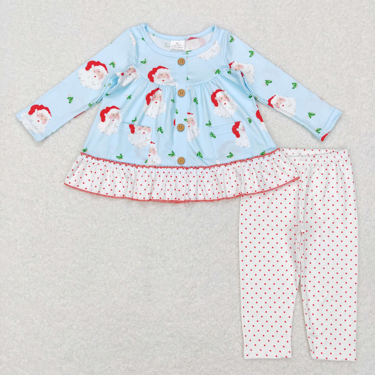 Sibling Baby Girls Santa Candy Cane Trees Pockets Button Tunic Pants Christmas Clothes Sets