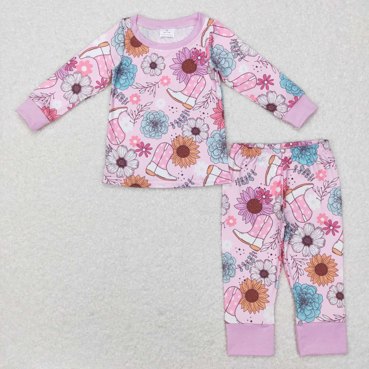 Sibling Baby Girls Lavender Pink Flowers Boots Top Pants Pajamas Sets Zipper Rompers