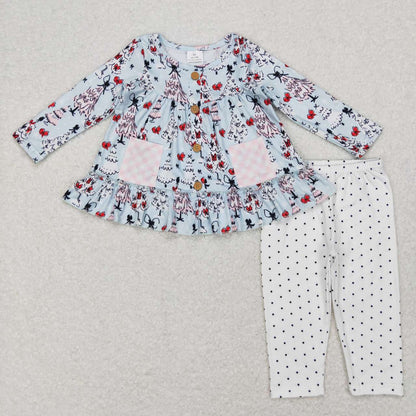 Sibling Baby Girls Santa Candy Cane Trees Pockets Button Tunic Pants Christmas Clothes Sets