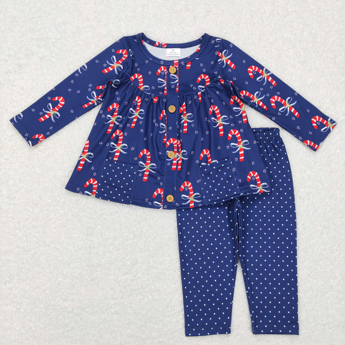 Sibling Baby Girls Santa Candy Cane Trees Pockets Button Tunic Pants Christmas Clothes Sets