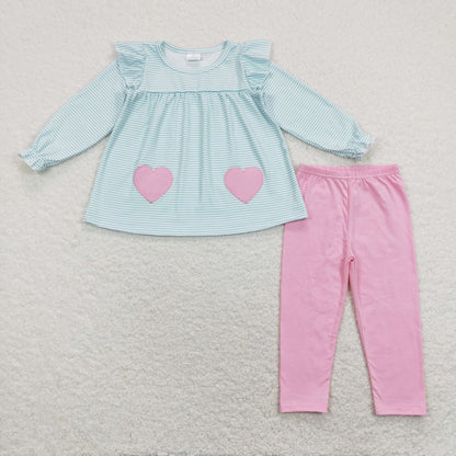 Sibling Baby Girls Embroidery Hearts Pockets Stripe Tunic Legging Pants Valentines Clothes Sets