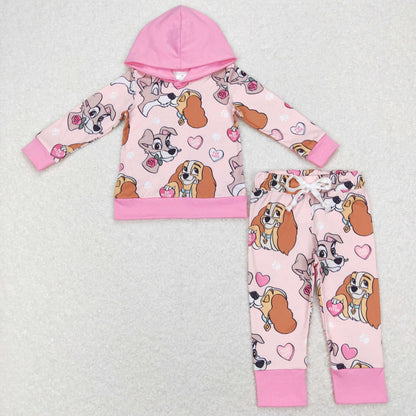 Sibling Baby Girls Pink Dogs Valentines Hooded Tee Top Pants Clothes Sets