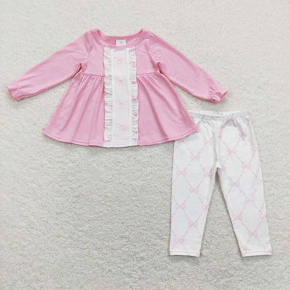 Sibling Baby Girls Bows Flowers Tunic Leggings Pant Ruffle Sleeves Clothes Sets