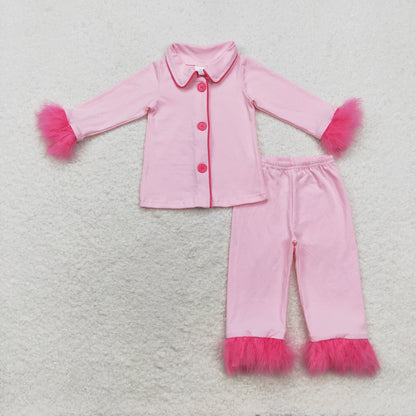 Sibling Baby Girls Bows Boots Hearts Button Top Pant Fur Pajamas Clothes Sets