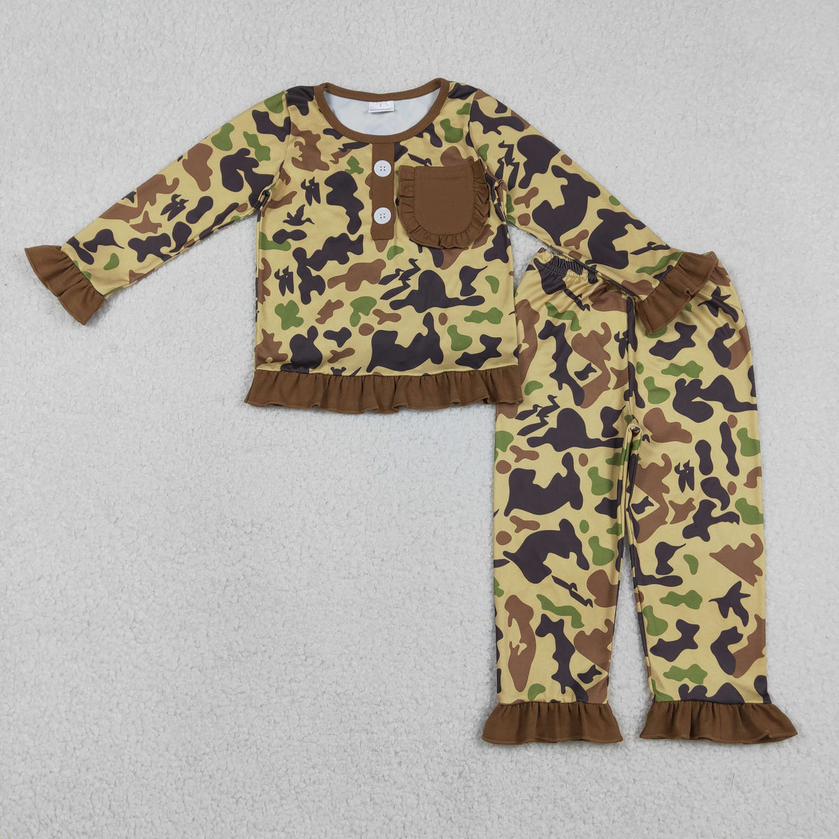 GLP1355 Baby Girls Southern Khaki Camo Button Pocket Top Ruffle Pants Pajamas Set