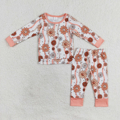 Sibling Baby Girls Flowers Bows Top Pant Bamboo Pajamas Sets
