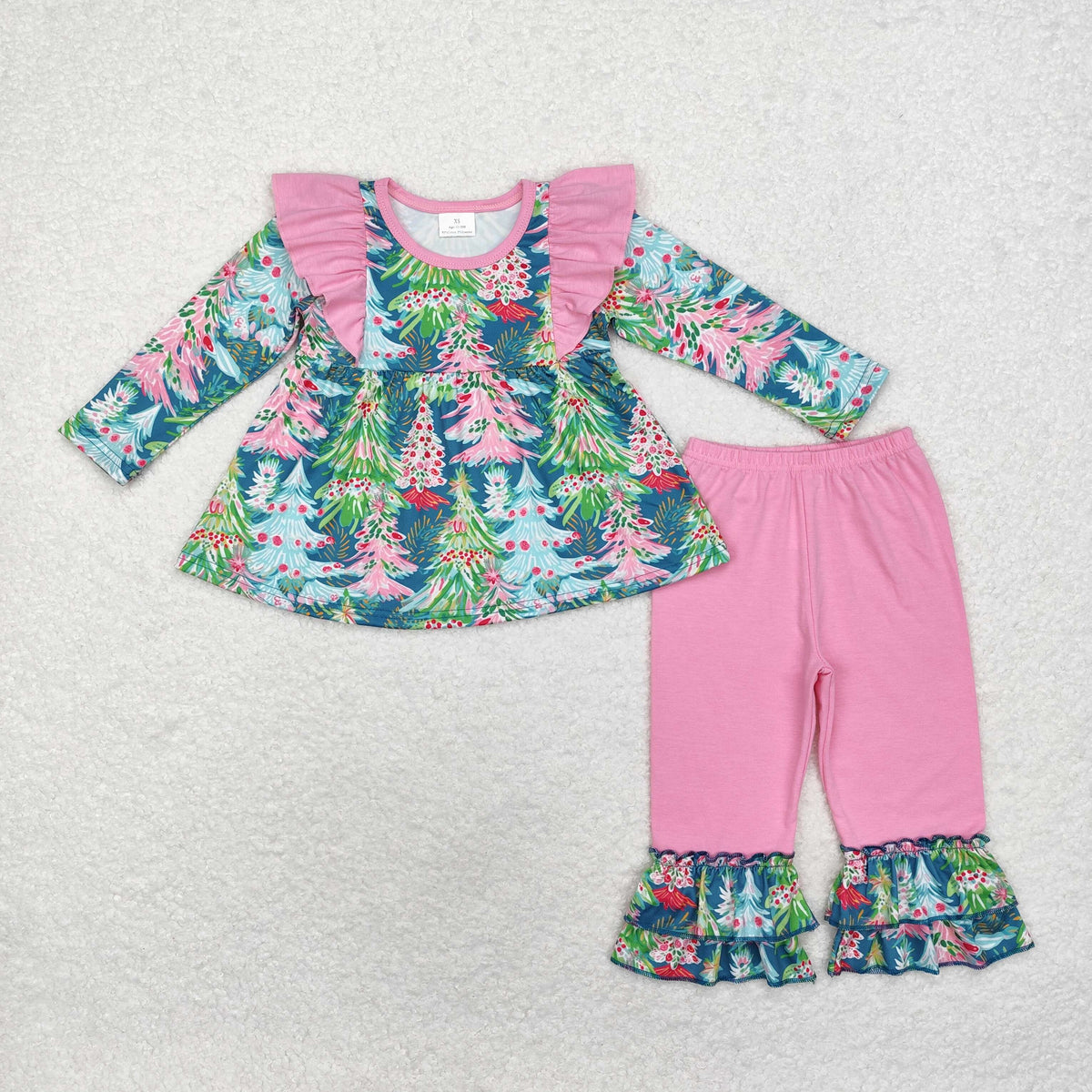 Sibling Baby Girls Long Ruffle Sleeves Santa Gingerbread Trees Tunic Pants Christmas Clothes Sets