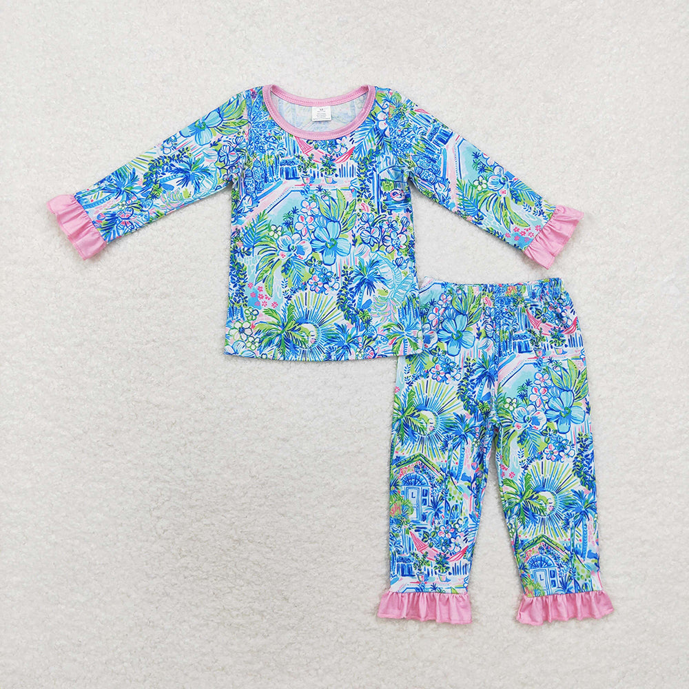 Sibling Baby Girls Blue Floral Ruffle Pant Bamboo Pajamas Sets Zipper Footie Rompers