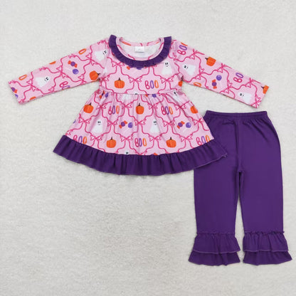 Sibling Baby Girls Ghost Pumpkins Bats Button Pockets Tunic Ruffle Pants Halloween Clothes Sets