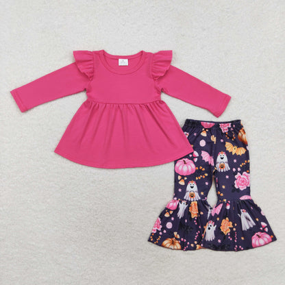 Sibling Baby Girls Ghost Pumpkins Bats Button Pockets Tunic Ruffle Pants Halloween Clothes Sets