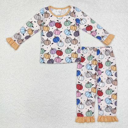 Sibling Baby Girls Pumpkins Plaid Top Ruffle Pants Fall Bamboo Pajamas Sets