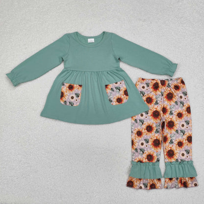 Sibling Baby Girls Long Sleeves Colorful Floral Bows Plaid Tunic Ruffle Pants Sets