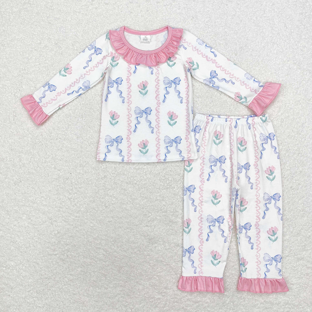 Sibling Baby Girls Flowers Bows Top Pant Bamboo Pajamas Sets