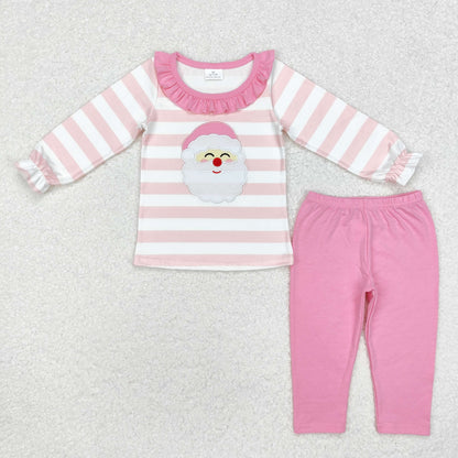 Embroidery Santa Sibling Baby Girls Tunic Top Pants Christmas Pajamas Clothes Sets