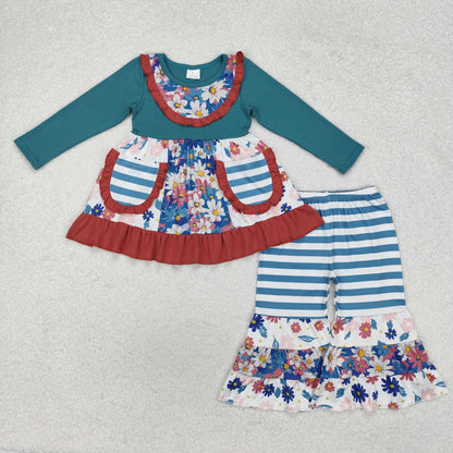 Sibling Baby Girls Bows Flowers Tunic Leggings Pant Ruffle Sleeves Clothes Sets