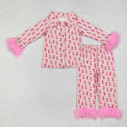 Sibling Baby Girls Bows Boots Hearts Button Top Pant Fur Pajamas Clothes Sets