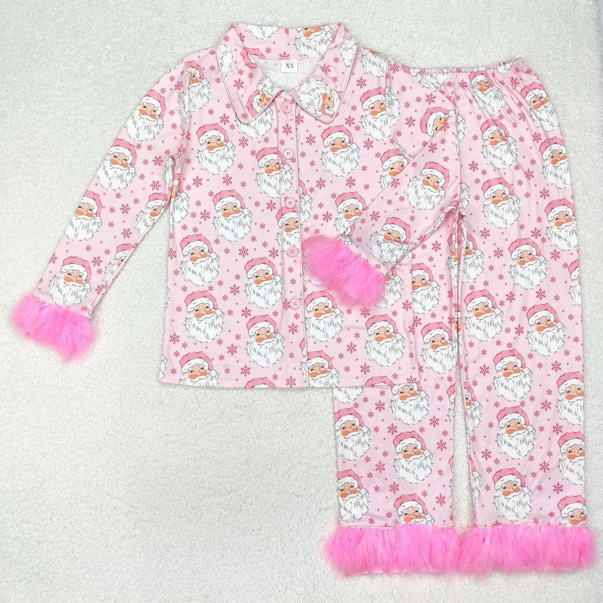 Sibling Adult Women Grin Santa Button Up Top Pants Fur Sleeve Christmas Pajamas Sets