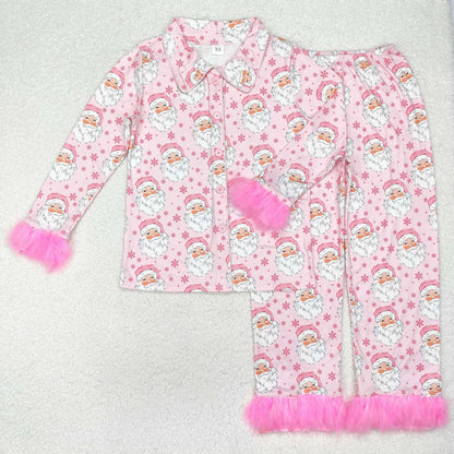 Sibling Adult Women Grin Santa Button Up Top Pants Fur Sleeve Christmas Pajamas Sets