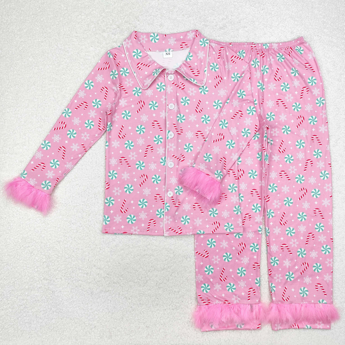 Sibling Adult Women Grin Santa Button Up Top Pants Fur Sleeve Christmas Pajamas Sets