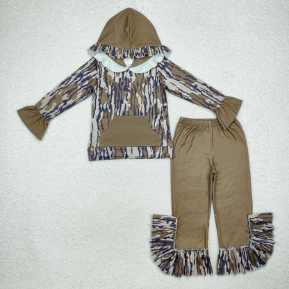 Sibling Baby Girls Ruffle Hooded Leopard Floral Top Bell Pants Clothes Sets