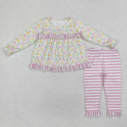 Sibling Baby Girls Long Sleeves Colorful Floral Bows Plaid Tunic Ruffle Pants Sets