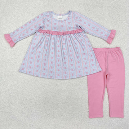 Sibling Baby Girls Bows Flowers Tunic Leggings Pant Long Ruffle Sleeves Clothes Sets