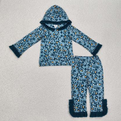 Sibling Baby Girls Ruffle Hooded Leopard Floral Top Bell Pants Clothes Sets