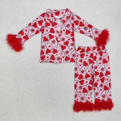 Sibling Baby Girls Bows Boots Hearts Button Top Pant Fur Pajamas Clothes Sets