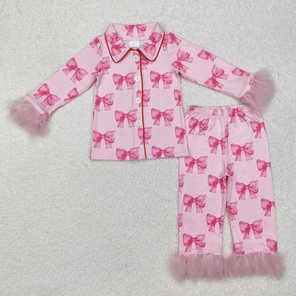 Sibling Baby Girls Bows Boots Hearts Button Top Pant Fur Pajamas Clothes Sets
