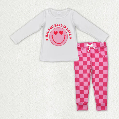 Sibling Baby Girls Pink Hearts Dogs Top Pockets Checked Leggings Valentines Clothes Sets