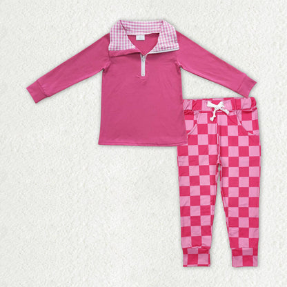 Sibling Baby Girls Pink Hearts Dogs Top Pockets Checked Leggings Valentines Clothes Sets