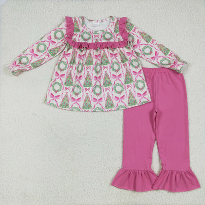 Sibling Baby Girls Christmas Trees Bows Rompers Outfits Sets