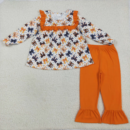 Sibling Baby Girls Ghost Pumpkins Bats Button Pockets Tunic Ruffle Pants Halloween Clothes Sets