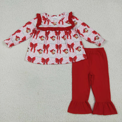 Sibling Family Mama and Girls Christmas Bows Santa Ruffle Fur Sleeve Pajamas Clothes Set Dress Rompers