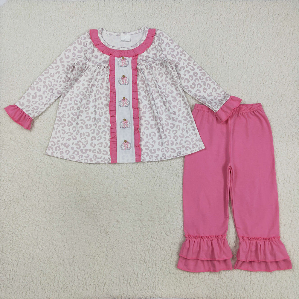 Sibling Embroidery Bows Pumpkins Baby Girls Leopard Fall Rompers Dresses Outfits