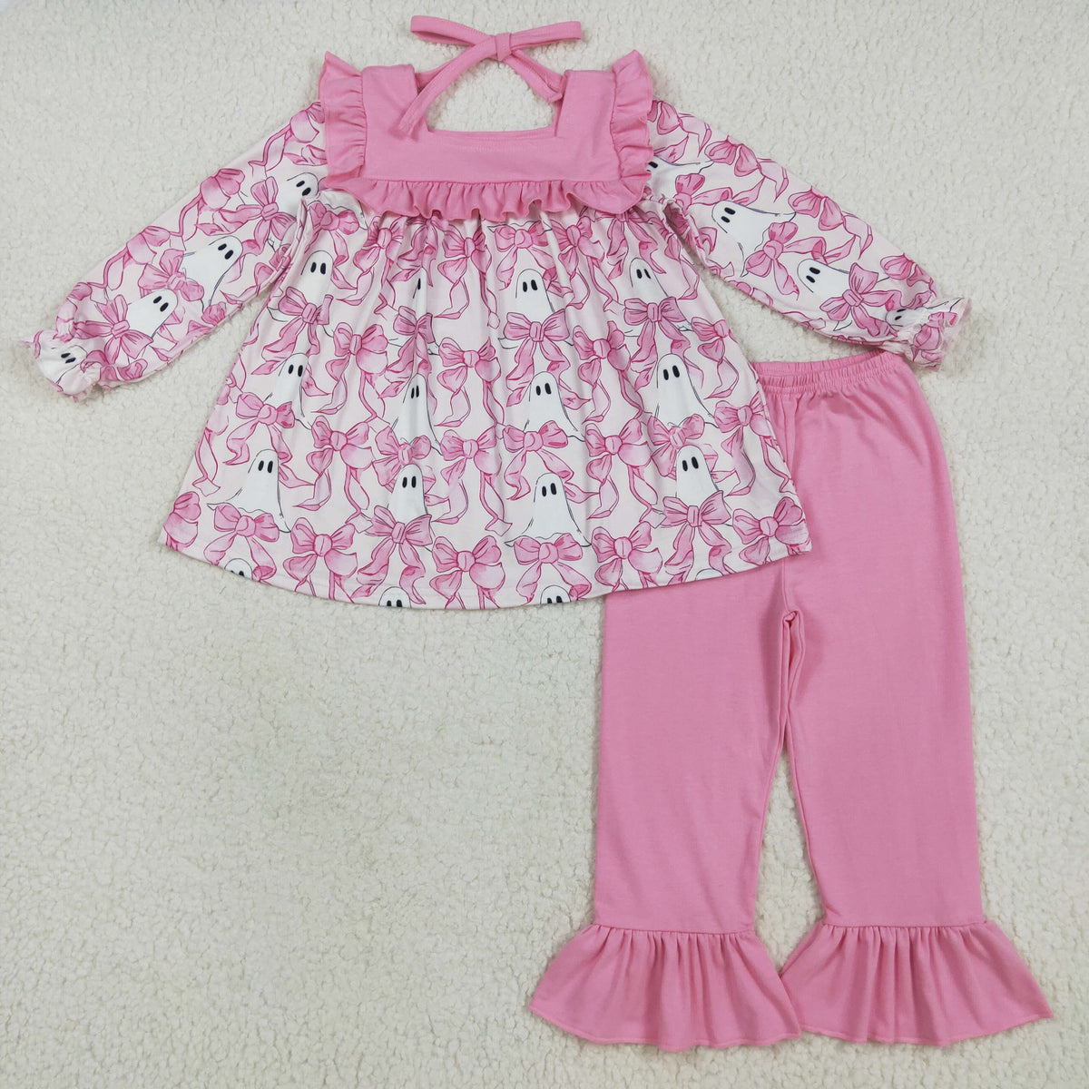 Sibling Baby Girls Ghost Pumpkins Bats Button Pockets Tunic Ruffle Pants Halloween Clothes Sets