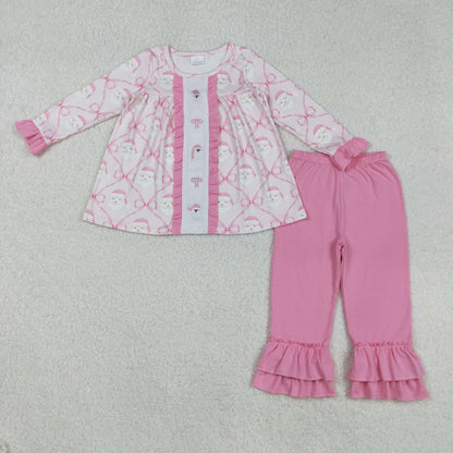 Sibling Baby Girls Embroidery Santa Nativity Candy Cane Lights Tunic Pants Christmas Clothes Sets