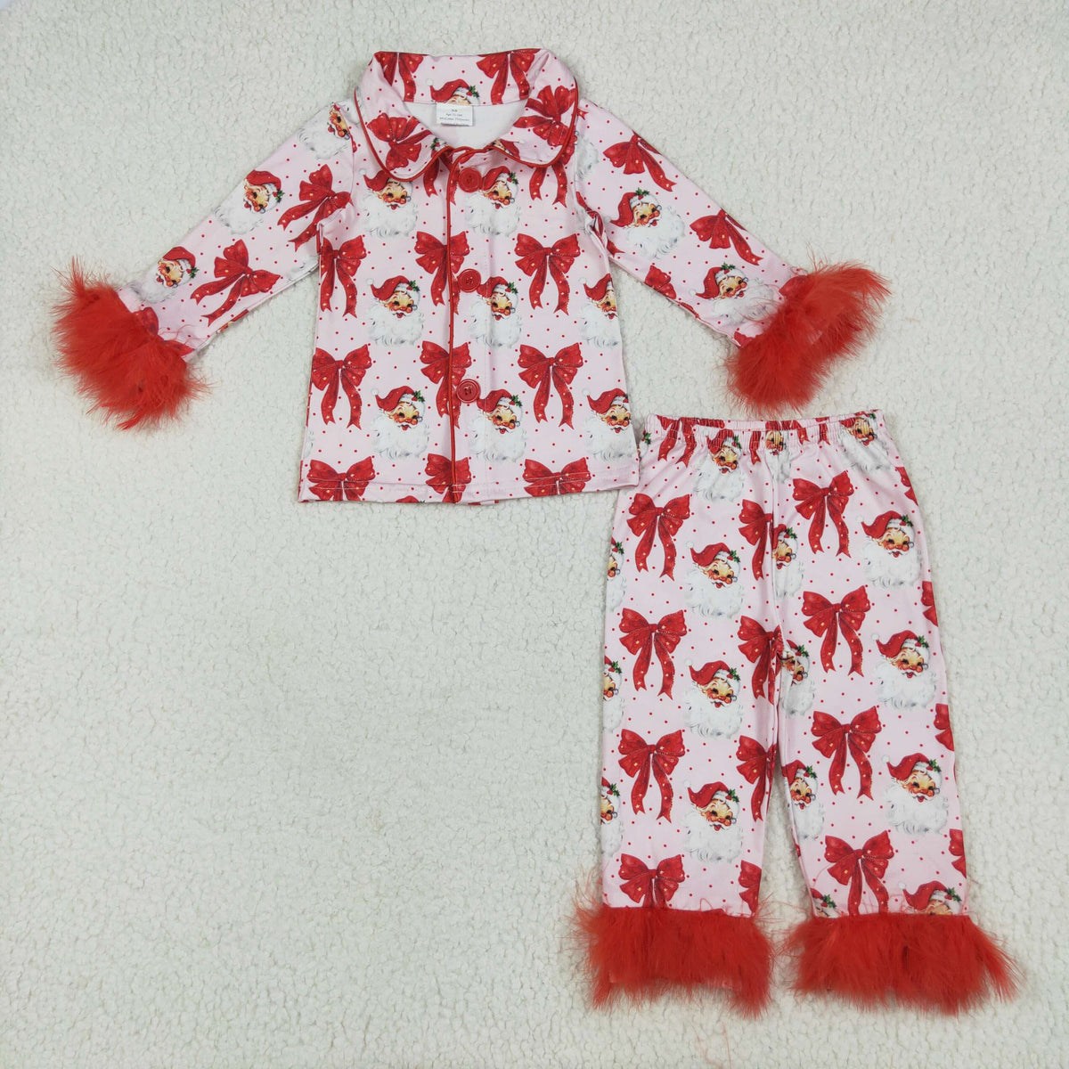 Mama and Me Red Bows Santa Button Top Pants Christmas Fur Pajamas Sets